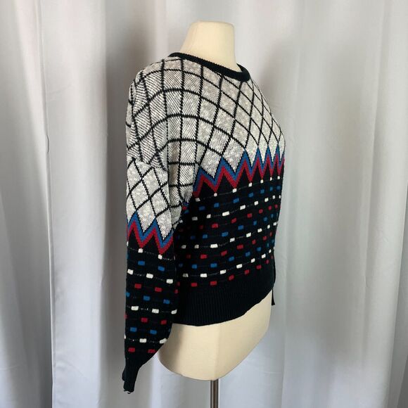 Vintage Sweater Size Petite Medium MP Black White Knit Retro Print 80s Pullover - Picture 5 of 15